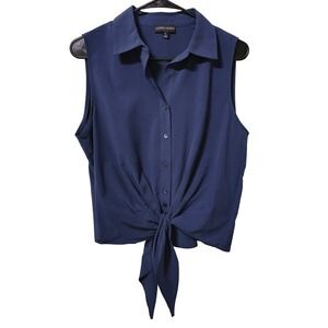 Modern Works Navy Blue Sleeveless Button Down Front Tie Knot Cropped Top Size S